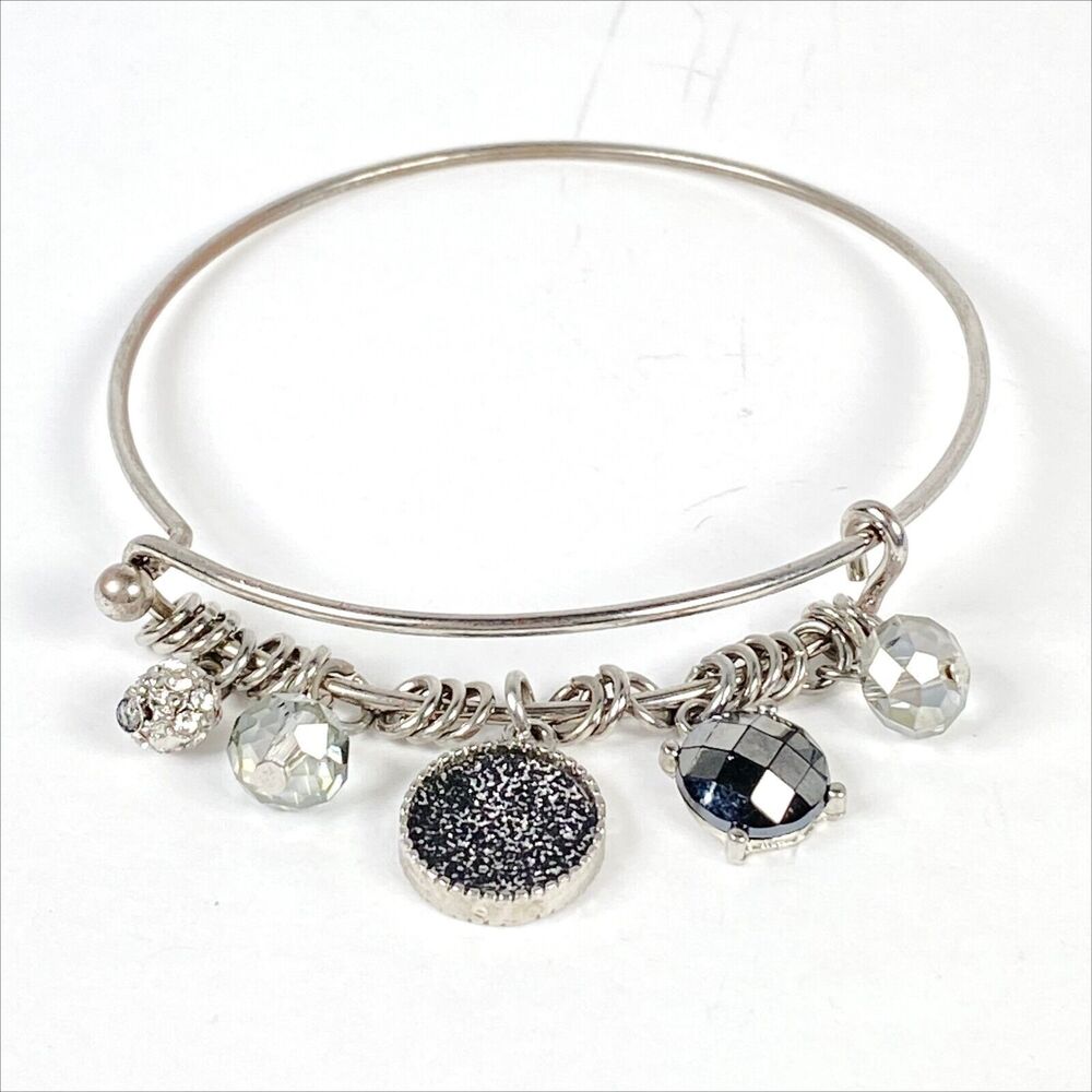 Silver Tone Charm Bracelet Wire Dangle Gray Crystal Rhinestone Bangle Jewelry